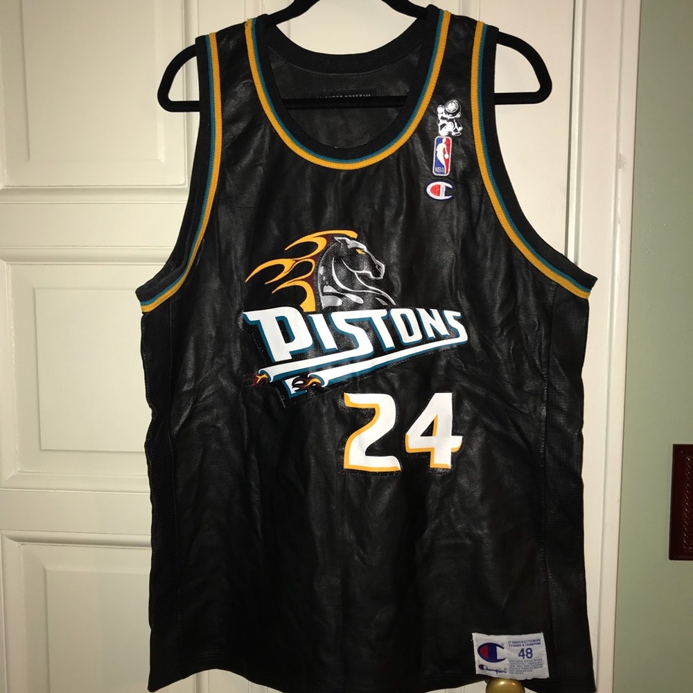 A leather one of a kind pistons jersey.